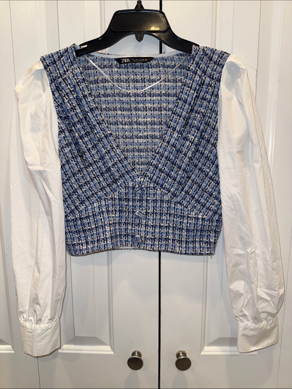 Zara Blue Tweed Vest with White Puff Sleeves
